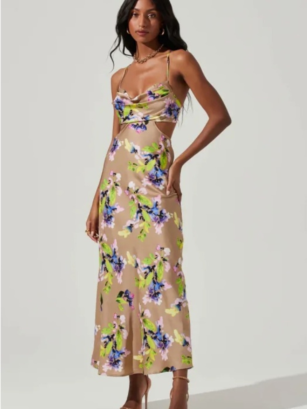 ASTR Collete Cutout Maxi Dress in Beige with Blue, Green & Pink Print
